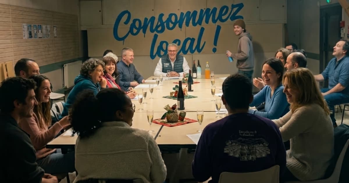 Assemblée générale de Dromeadhere réunie autour d'une table, sous l'inscription « Consommez local ! »