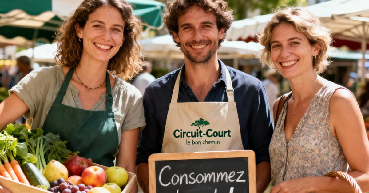 Des producteurs en circuit court, panier de légumes à la main, sur un marché de la Drôme.