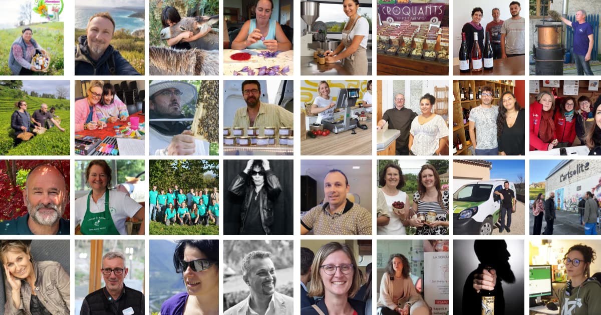 Mosaïque de portraits d'adhérents producteurs, artisans et commerçants du réseau Dromeadhere.