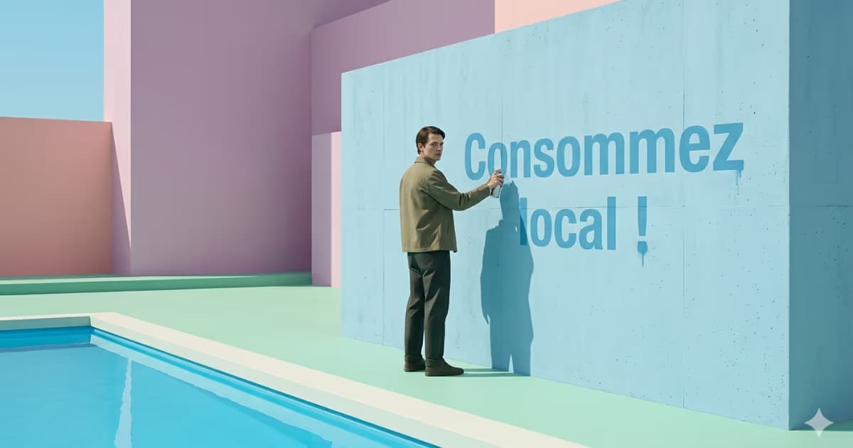 Illustration « Consommez local ! » peinte sur un mur, symbole de l'engagement Dromeadhere.